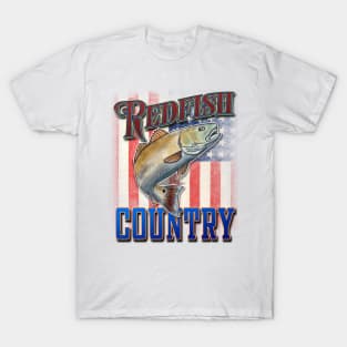 Redfish Country Red Drum Salt Water Bay Fishing USA Flag T-Shirt